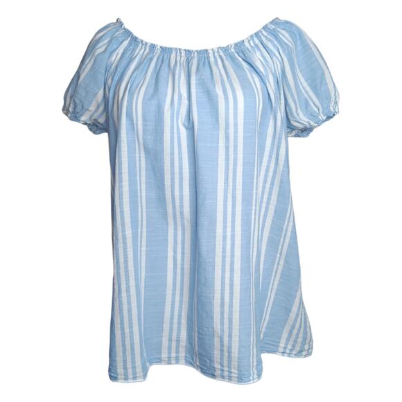 VINTAGE Y2K 2000s Blouse Top Size XL Flowy On or Off Shoulder Blue White Stripes - Picture 7 of 9